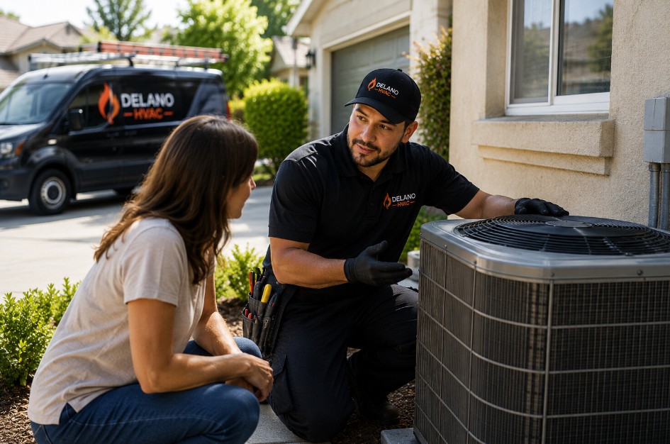 Delano HVAC technician helping homeowner with cooling issue