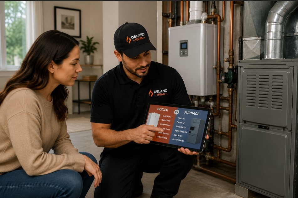Side-by-side comparison of a residential boiler and furnace heating system in a Delano, CA home
