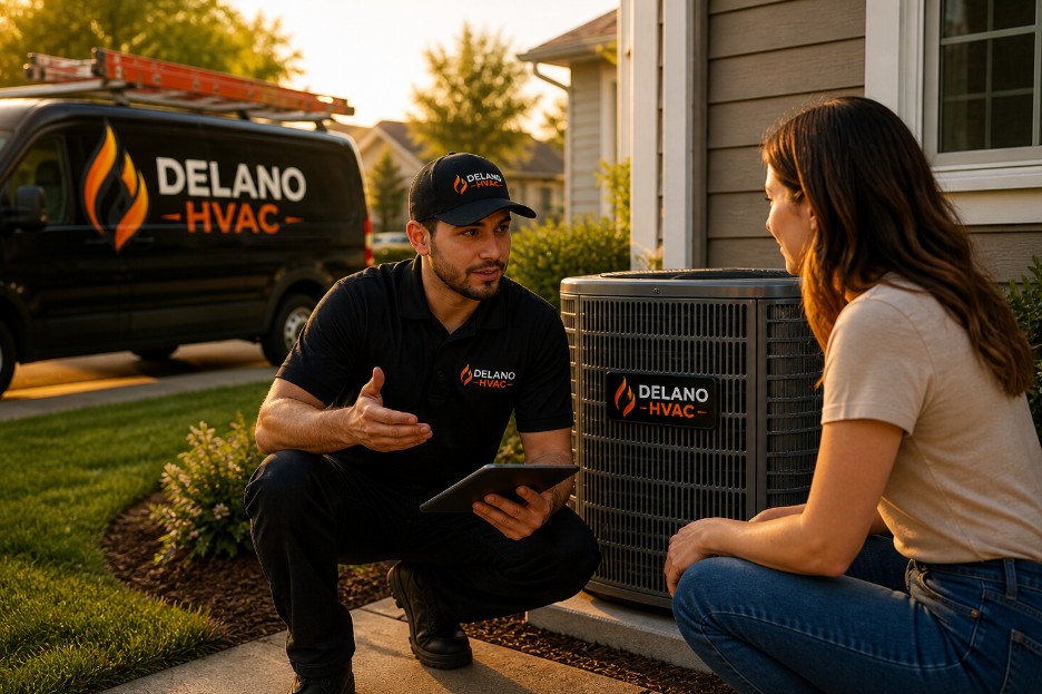 HVAC technician evaluating AC system options for a Delano, CA home