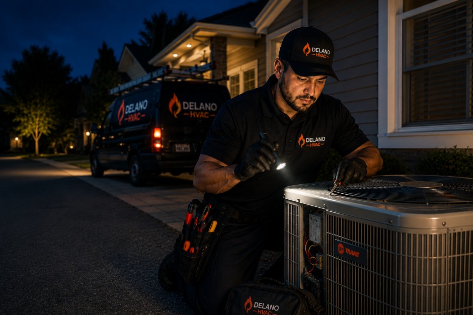 Emergency AC repair technician servicing Delano home