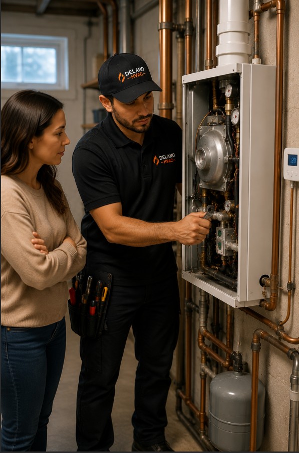 Licensed HVAC technician performing routine boiler maintenance in a Delano, CA residential home
