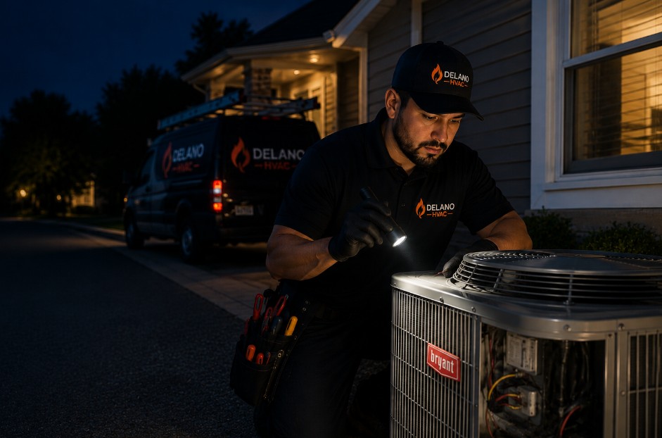 AC technician checking emergency cooling issue in Delano