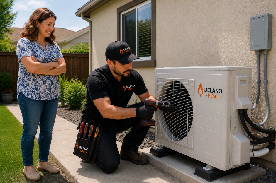 Delano technician installing residential heat pump system