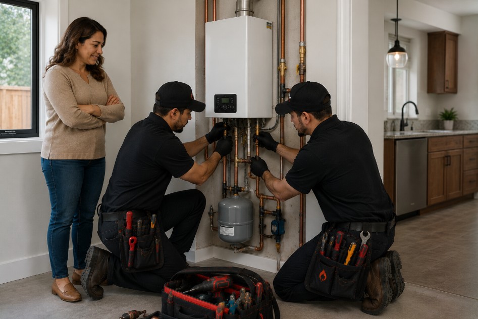 delano hvac team installing residential boiler system