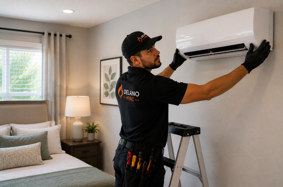 Delano technician installing mini split AC system