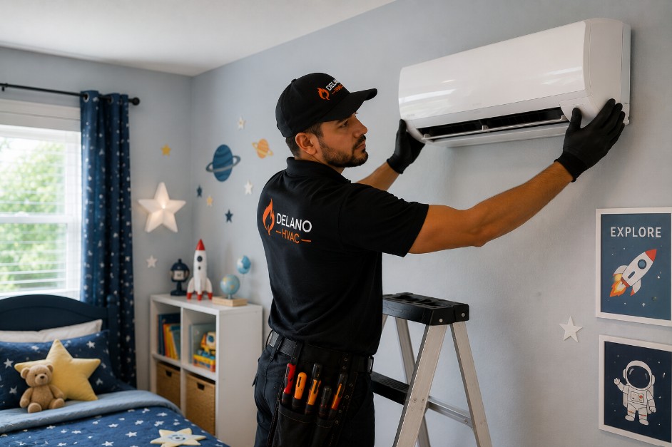 Technician planning ductless AC installation in Delano