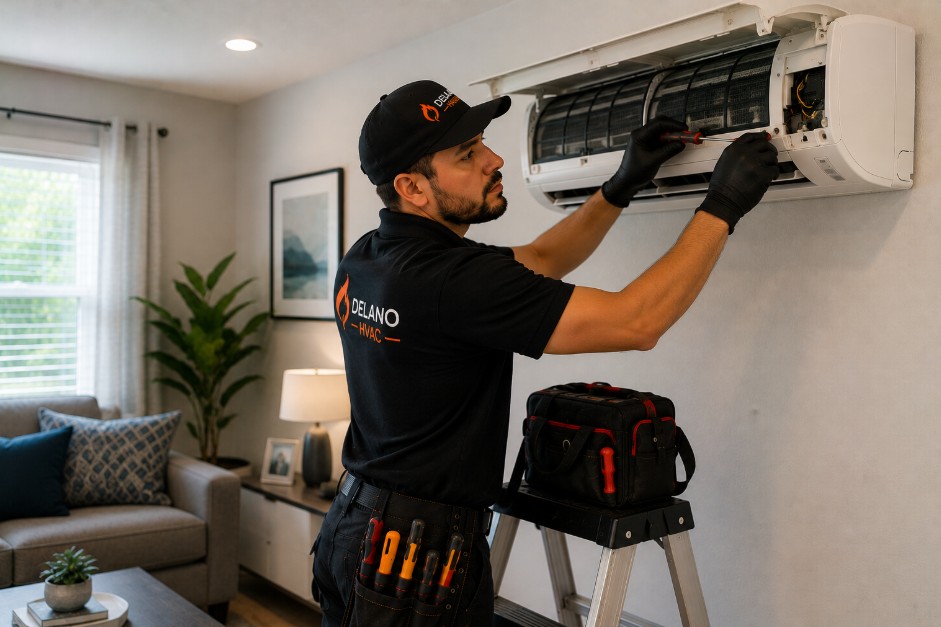 Technician repairing mini split AC in another home