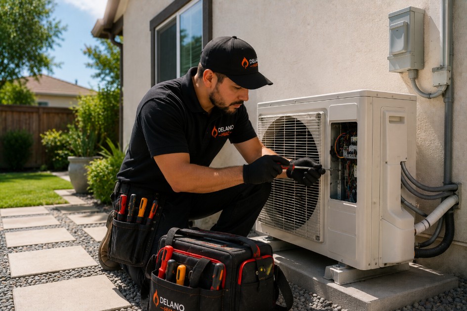 techinician repairing mini split outdoor ac unit in delano home
