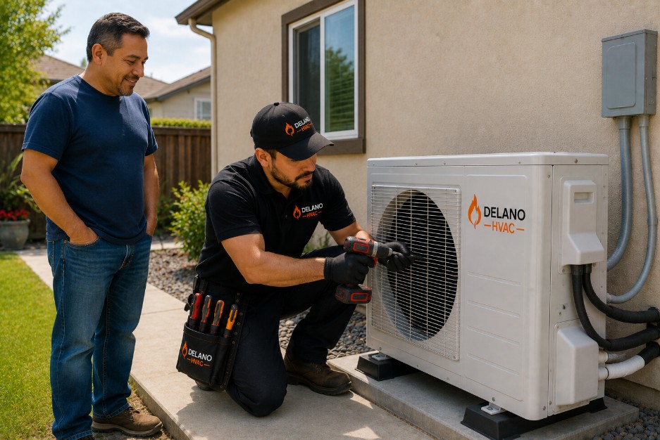 Technician installing heat pump system in Delano home