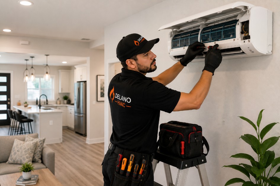 Ductless AC repair technician servicing Delano home