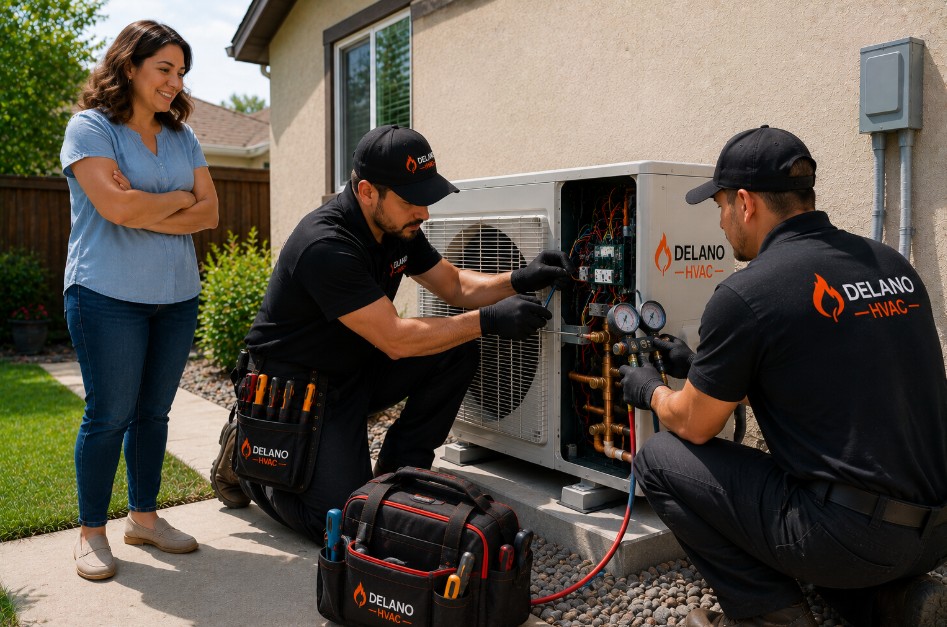 Delano technician servicing residential heat pump system