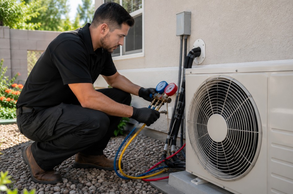 ductless mini split refrigerant lines and outdoor unit inspected during repair