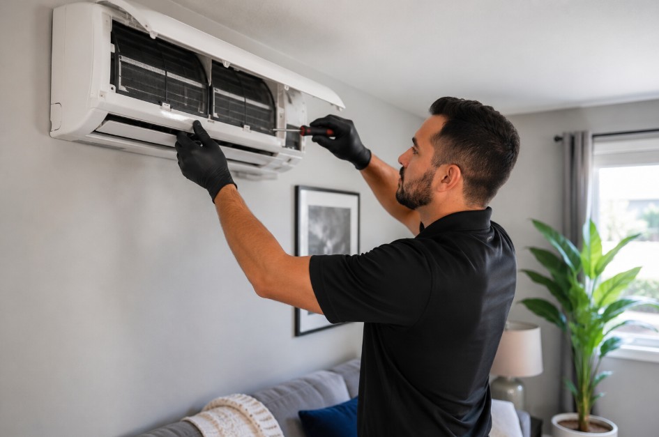 technician repairing a ductless mini split indoor unit in a Delano home