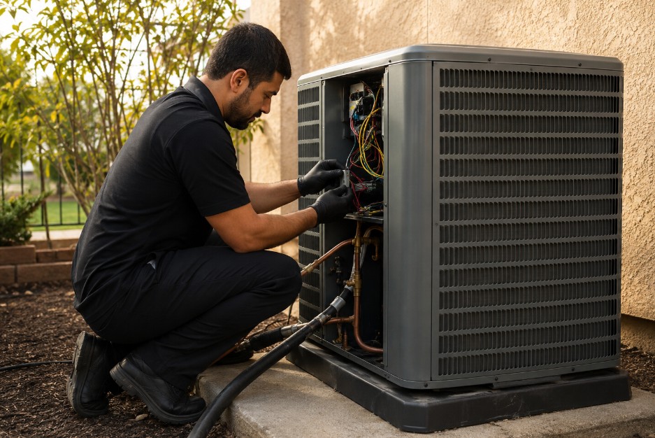 emergency heat pump repair technician servicing an outdoor unit in Delano