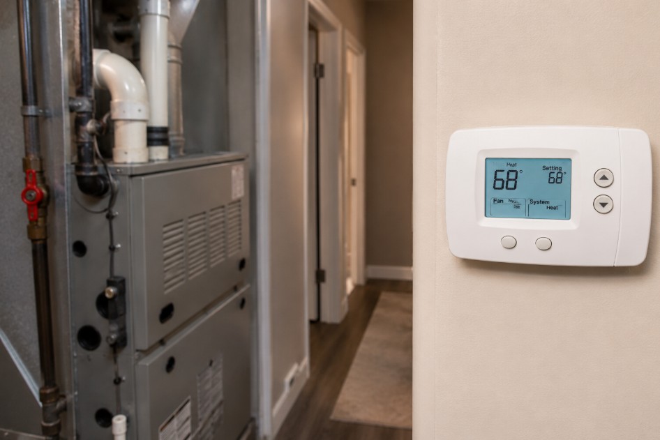 Furnace thermostat and heating system in a Delano home before emergency repair
