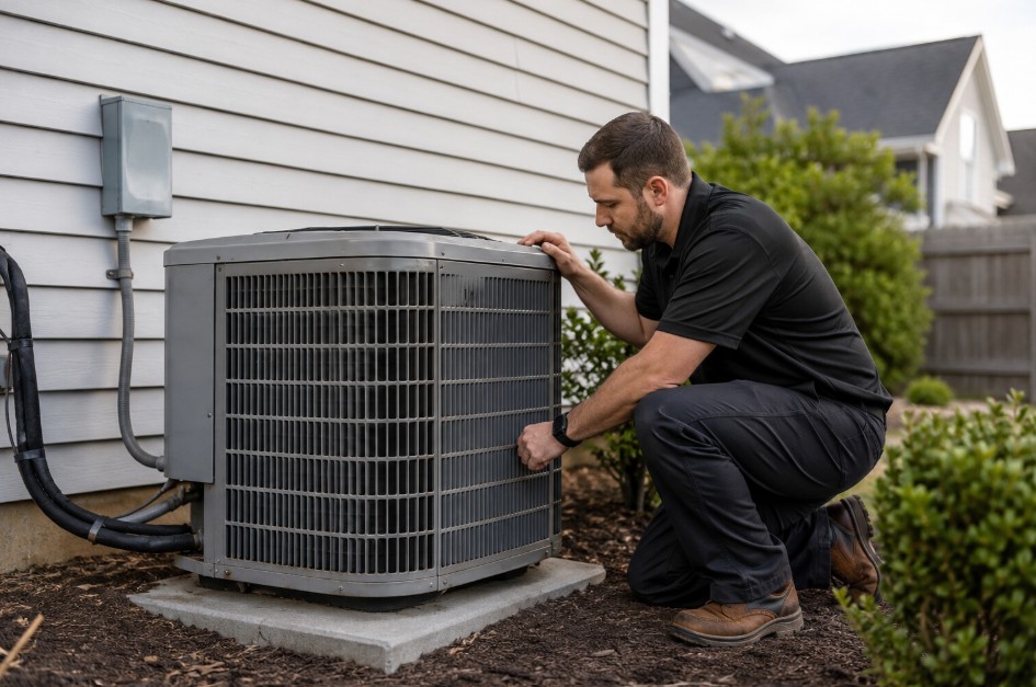 heat pump technician inspecting an outdoor unit at a Delano home