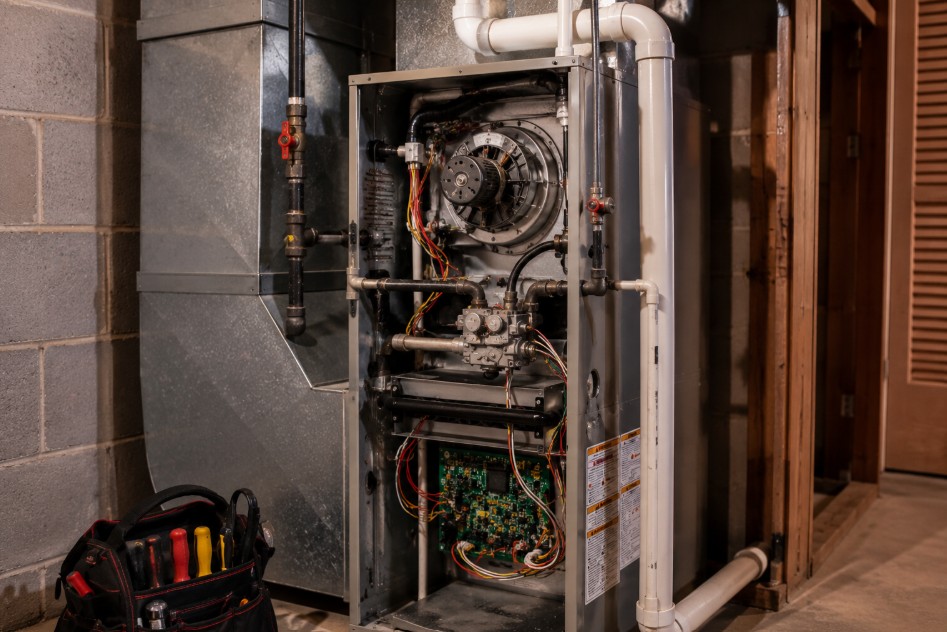 Open residential furnace heating system with internal components exposed during repair in a Delano home