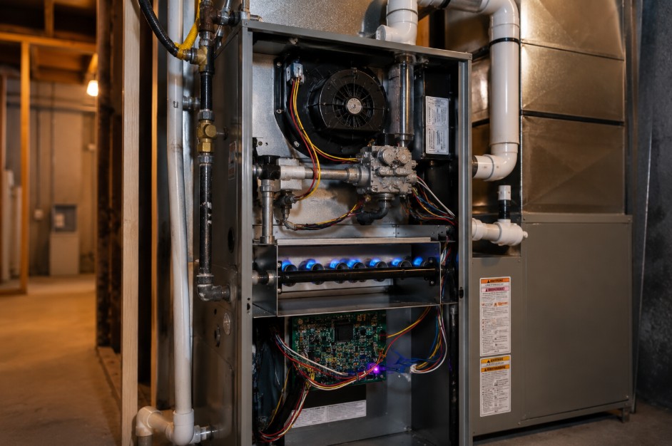 Residential gas furnace with access panel removed for emergency inspection in Delano