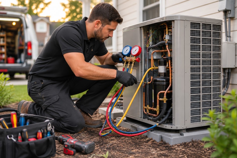 heat pump compressor and refrigerant lines inspected during an emergency repair