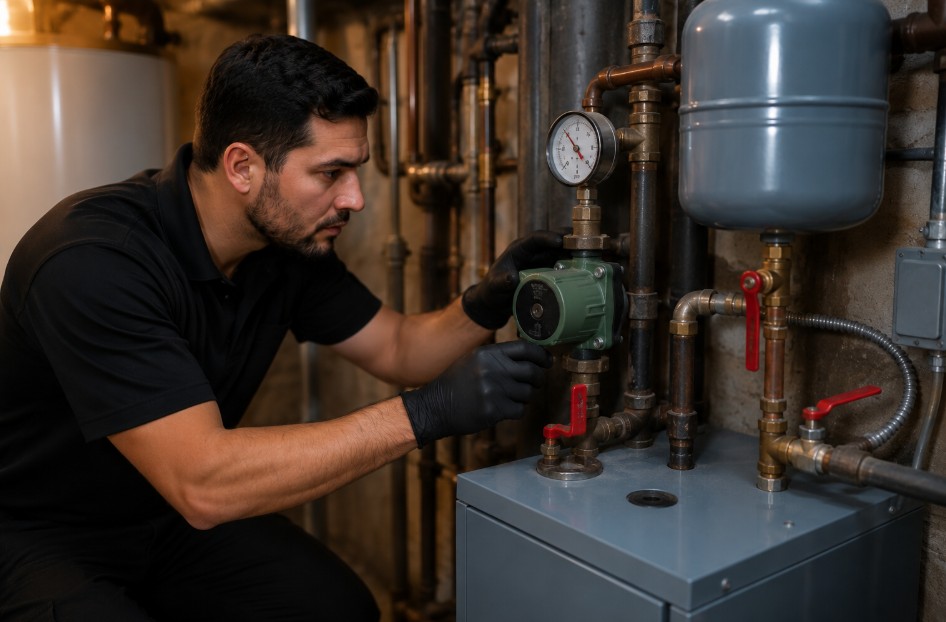boiler circulator pump and pressure gauge inspected during an emergency repair