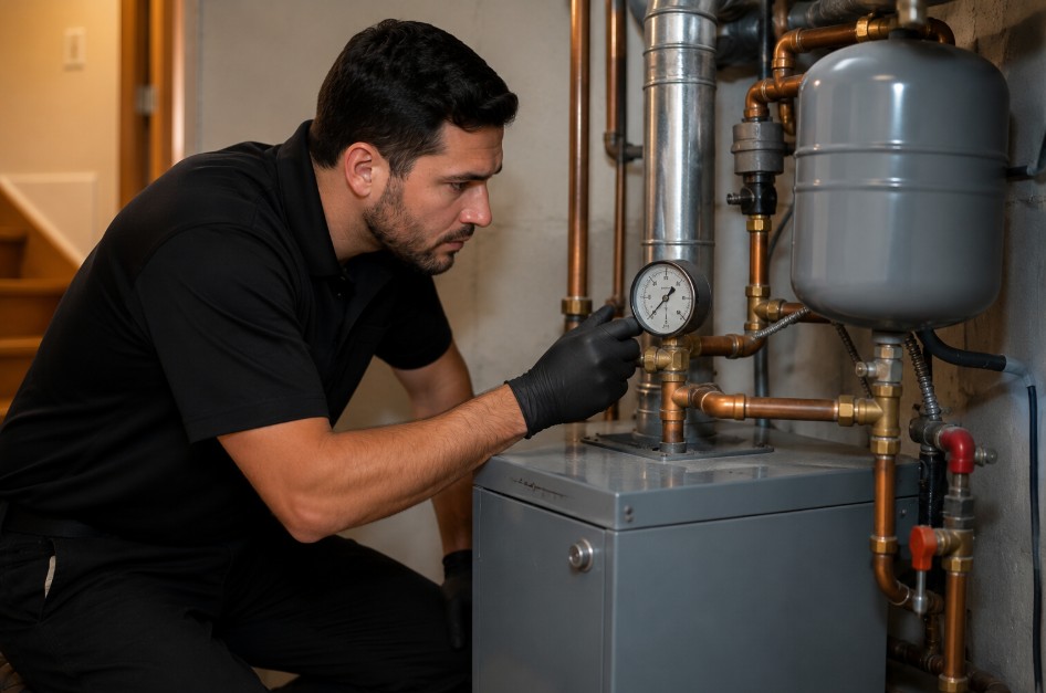 emergency boiler repair technician checking a pressure gauge in a Delano home