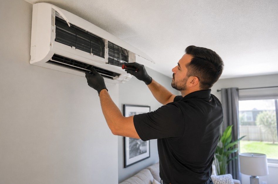 emergency mini split repair technician servicing a ductless indoor unit in Delano