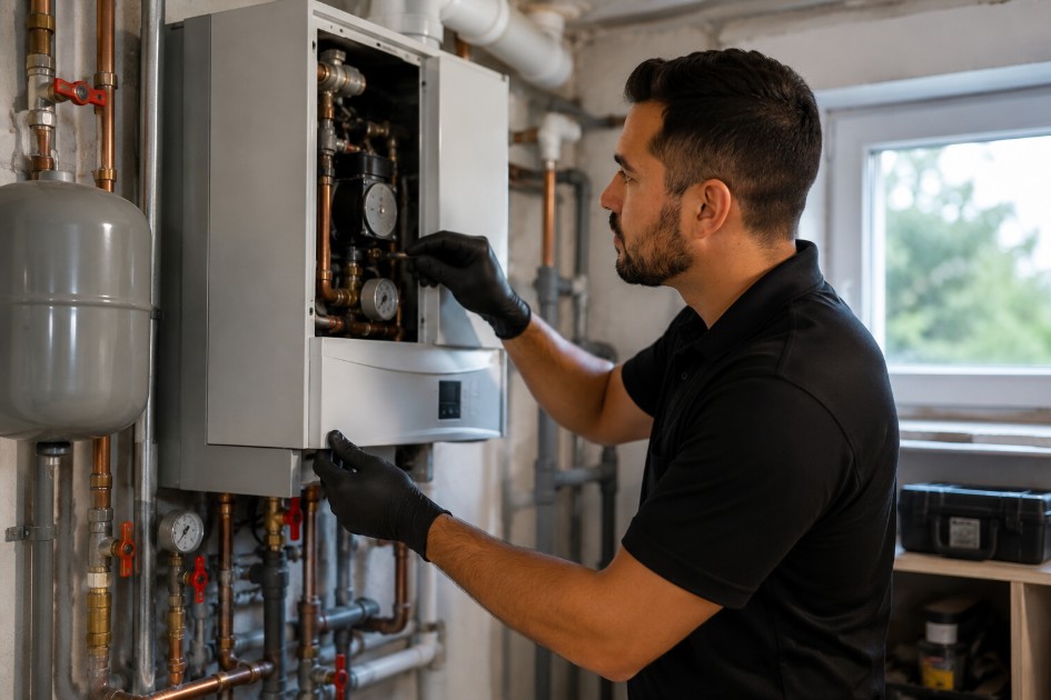 technician checking a residential boiler system in a Delano home